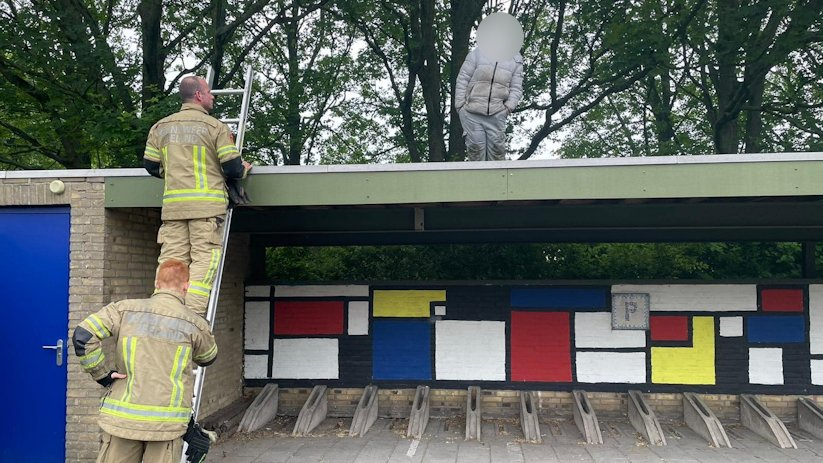 De brandweer wist de jongen veilig naar beneden te krijgen.